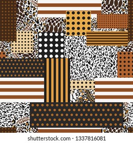 Trendy seamless pattern. Geometric elements mixed with animal skin. Polka dots, stripes and leopard composition. Modern vector texture. Illustration for fashion, fabric, wallpaper, textile, design Stock-vektor