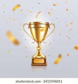 Trophy award. Champion winner cup, 3d gold soccer victory prize, tournament win golden confetti. Victory goblet. Championship success symbol. Isolated element. Vector realistic reward Stockvektor