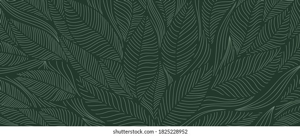 열대 잎 배경 무늬, 럭셔리 자연은 패턴 디자인, 골든 바나나 리프 라인 아트, 직물의 손으로 그린 윤곽선 디자인, 프린트, 커버, 배너, 초대장, 벡터 삽화 등을 남깁니다. 스톡 벡터