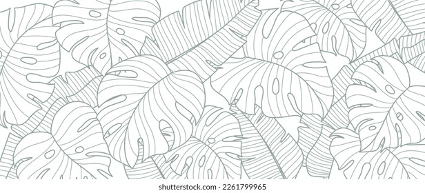 Tropical leaf line art wallpaper background vector. Natural monstera and banana leaves pattern design in minimalist linear contour simple style. Design for fabric, print, cover, banner, decoration. Immagine vettoriale stock
