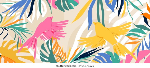 熱帯の葉の背景ベクター画像。植物の葉のバナーデザイン手描きのカラフルなヤシの葉、モンステラの葉、鳥のラインアート壁紙、カバー、カード、包装、フライヤー、布のデザイン。のベクター画像素材
