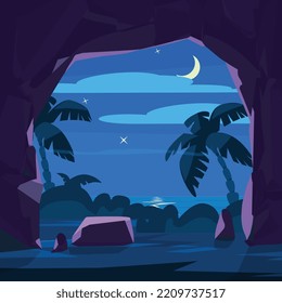 手のひらの洞窟の入り口からの眺めと熱帯の夜のシーン、フラットな漫画のベクターイラスト。手のひらと月の光と熱帯の自然の背景デザイン。のベクター画像素材