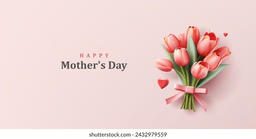 Tulip bouquet 3d illustration with bow and flying hearts, mothers day greeting, realistic illustration: wektor stockowy
