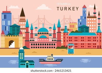 Turkey skyline concept flat vector illustration,Travel to Turkey concept with skyline and famous buildings landmark – Vector có sẵn
