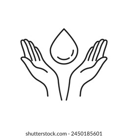 two thin line hand with big water drop icon. linear graphic trend modern abstract design lineart logotype element isolated on white. concept of aqua cleanse for good and healthy life or eco friendly Stockvektorkép
