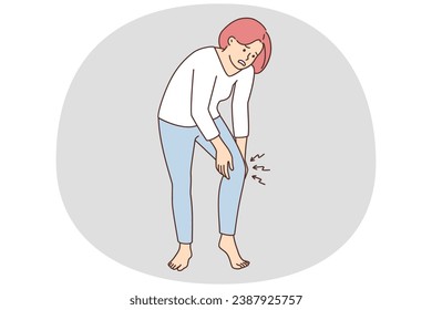 Unhealthy woman suffer from pain in knee. Unwell female struggle with spasm in leg. Medicine and healthcare. Vector illustration. Immagine vettoriale stock