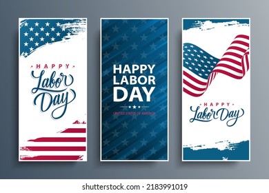 United States Labor Day celebration flyers set with American national flag. Happy Labor Day. USA national holiday vector illustration. Stock Vector