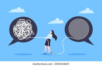 Unravel business chaos process with tangle difficult problem mess business concept flat style design vector illustration. Chaos to order, complex to simple metaphor with person trying solve mess cable 库存矢量图