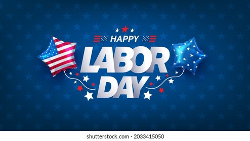 USA Labor Day Banner and poster template.USA labor day celebration with american balloons flag on blue background Stock Vector