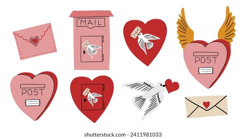 Valentine day collection. Hand drawn cartoon cute heart elements in retro vintage style. Mailbox or postbox shape set. Love bird mail, post box with wings. Valentine’s Day vector illustration. Stock-vektor