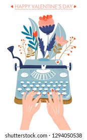 Valentine's day greeting card. Typewriter with flowers. Hands writing on a typewriter. Vector illustration on white background. Stock Vector