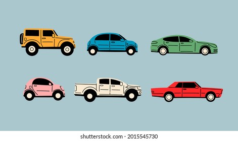Various Cars or vehicles. Different types of cars: sedan, SUV, pickup, coupe, hatchback, retro car. Automobile, motor transport concept. Hand drawn trendy Vector illustration. Every car is isolated Stock Vector