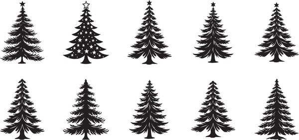 various Christmas tree silhouette on the white background. vector illustration  Immagine vettoriale stock