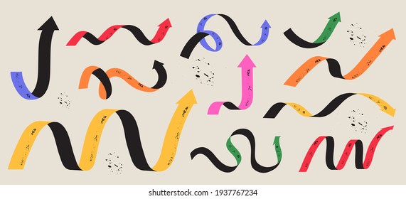 Various colorful playful arrow pointers set or collection in trendy style. Vector illustration of dynamic arrow signs for infographic designs or presentation templates.: stockvector