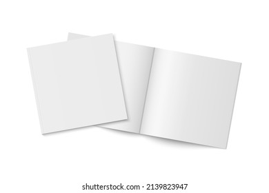 Vector mockup of two white paperback magazines with transparent shadow. Blank realistic square magazine, book, brochure or booklet template opened and closed on white background. 3d illustration स्टॉक वेक्टर