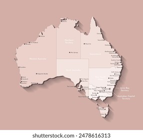  Image vectorielle illustration moderne. Simplifié isolé sur fond marron carte administrative de l'Australie. Noms des villes australiennes, frontières des régions aux couleurs marron. : image vectorielle de stock