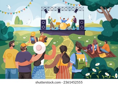 Vector open air live concert at music festival. Illustration of rock or pop band on stage and outdoor crowd. Scene with musical group and fans. Open-air sound check, performance show. Public scene – Vector có sẵn