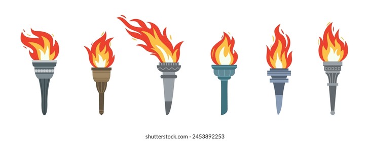 Vector burning flame torches set icons isolated on white background. Sport flat style games victory symbols collections. Winner abstract sign. Arkistovektorikuva