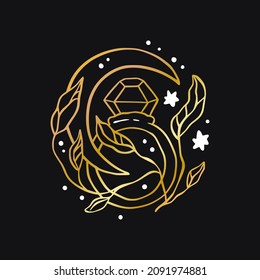 Vector boho love ring celestial icon - star and moon gold logo Stock-vektor