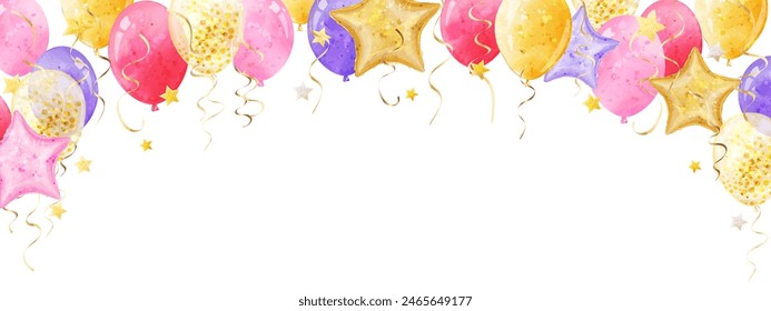 Vector border with colorful bright balloons in watercolor style. Banner for design of birthday, wedding, children's parties, invitations, sales Immagine vettoriale stock