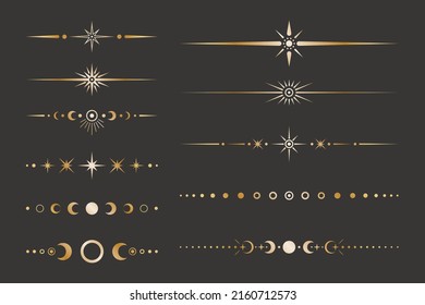 星、月相、三日月とドットを設定ベクター天体の金色の境界線。神秘的な装飾のための華やかな光沢のある魔法の孤立したクリップアートのコレクションのベクター画像素材