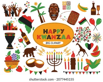 Vector collection of Happy Kwanzaa. Holiday symbols set on white background Vektor Stok
