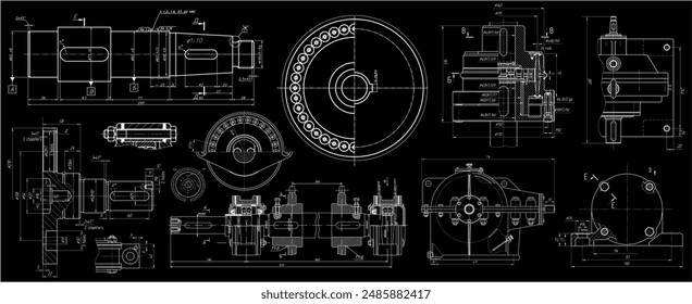 Vector engineering drawing of steel mechanical parts 
with through holes and dimension lines. Industrial 
cad scheme on paper sheet. Technology background.: wektor stockowy