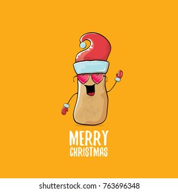 vector funky comic cartoon cute brown smiling santa claus potato with red santa hat and calligraphic merry christmas text isolated on orange background. vegetable funky christmas character
 Stock-vektor
