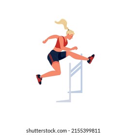 Vector flat cartoon woman character runs,jumping over barrier isolated on empty background.Young athlete doing sports,hurdling-healthy lifestyle,professional sport concept,web site banner ad design Immagine vettoriale stock