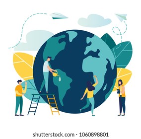 Vector flat illustration, little men prepare for the day of the Earth, save the planet, save energy, the concept of the Earth day vector Stock Vector