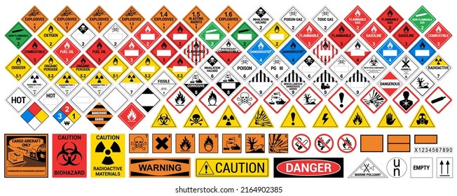 Vector hazardous material signs. Globally Harmonized System warning signs. All classes. Hazmat isolated placards. GHS Imagem Vetorial Stock