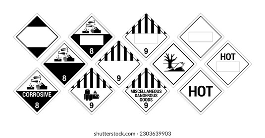 Vector hazardous material signs. Globally Harmonized System warning signs. Corrosive Materials and Miscellaneous. Class 8 and 9. Hazmat isolated placards Stockvektor