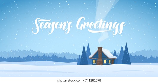 Vector illustration: Winter christmas landscape with cartoon house and handwritten lettering of Season's Greetings. Stock Vector
