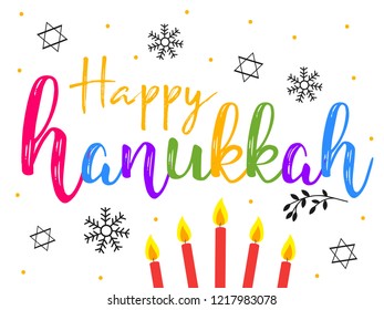 Vector illustration dedicated to the Jewish holiday of Hanukkah, menorah (traditional candelabra) and burning candles with hand lettering text of happy hanukkah sale  Vektor Stok