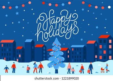 Vector illustration in flat simple style with hand lettering happy holidays -  Christmas greeting card, banner, poster with people at festival seasonal market and fair at town square Stock Vector