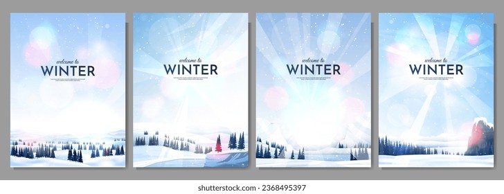 Стоковое векторное изображение: Vector illustration. Flat winter landscape. Snowy backgrounds. Snowdrifts. Snowfall. Clear blue sky. Blizzard. Snowy weather. Design elements for poster, book cover, brochure, magazine, flyer, booklet