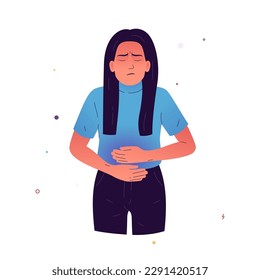 Vector illustration of a girl who, due to poor health, holds her stomach with her hands. A woman experiences stomach discomfort due to the food she has eaten.
Symptoms of gastritis, ulcers, cancer.  Arkistovektorikuva