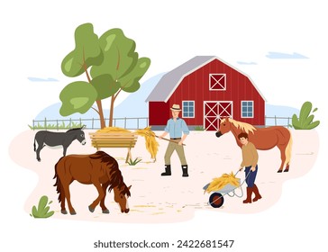 Vector illustration of horse farm and agriculture. Farmers take care of his country pets, gives them hay. Horse breeding Summer rural landscape. Design elements for infographics, websites, print media 库存矢量图