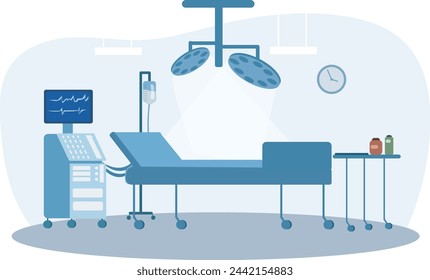 Vector illustration of hospital operation room interior with advanced medical equipment.  Patient bed, Intensive care, anesthesia, surgery.  Arkistovektorikuva