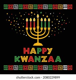 Vector illustration of Kwanzaa. Holiday african symbols with lettering, candles on black background. Vektor Stok