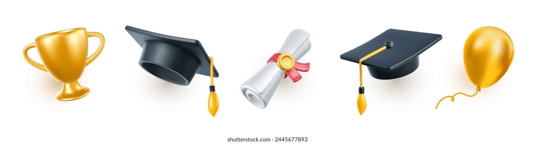 Vector illustration of set of black graduate cap with golden tassel and diploma on white background. 3d style design of collection of graduation hat with air balloon and winner cup for web, banner Adlı Stok Vektör