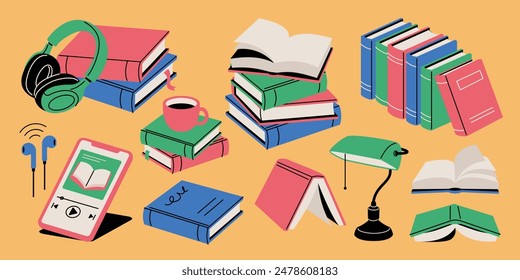 Vector illustration set of items related to books and audiobooks स्टॉक वेक्टर