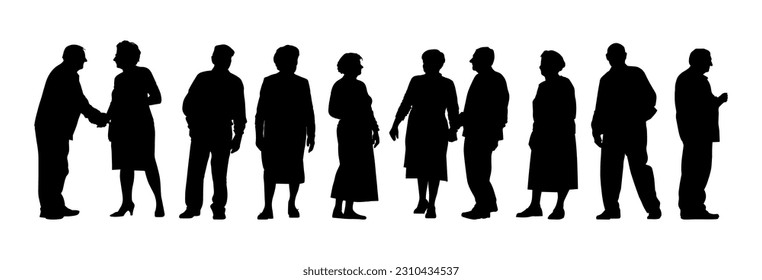 Ilustración vectorial. Siluetas de hombres y mujeres de edad avanzada. Pensionistas. Grupo de personas. Vector de stock