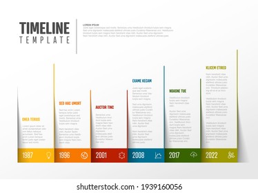 Vector Infographic Company Milestones Colorful Timeline Template made from pages corners with color border and icons. Colorful time line with years  Immagine vettoriale stock
