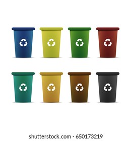 Vector isolated set of colorful containers for recycling trash on the white background. Concept of environment and pollution.のベクター画像素材