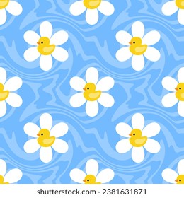 Vector seamless pattern with chamomile flowers and rubber ducks on blue marble background. 1970s trippy seamless pattern. Marble acrylic swirl pattern. Cute daisy summer print. Immagine vettoriale stock