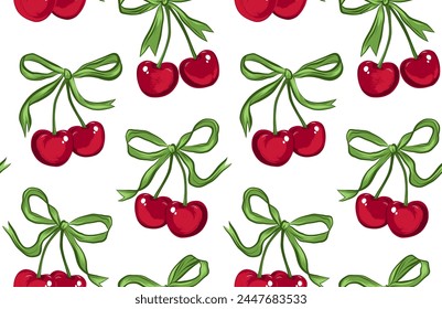 Vector seamless summer print. Juicy red berries and fashionable satin ribbon bows. Green bows and red berries on a white background. Trendy fashion pattern. Imagem Vetorial Stock