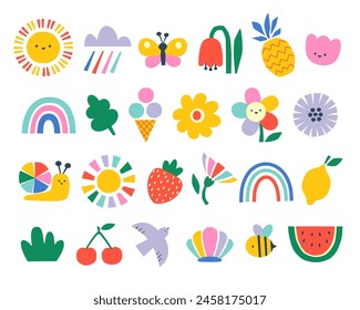 Vector set of cute naive hand drawn summer design elements in bright rainbow colors for children's design Immagine vettoriale stock