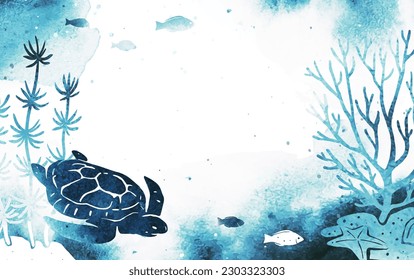 Vector template with fish, turtle and seaweed on white background. Watercolor illustration with underwater nature and marine wildlife. Useful for flyer, list, ad, cover, banner, invitation Imagem Vetorial Stock