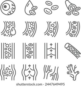 Vein icon illustration vector set. Contains such icon as Capillary, Cell, Hemoglobin, Blood vessel, Artery and more. Editable stroke, vector de stoc